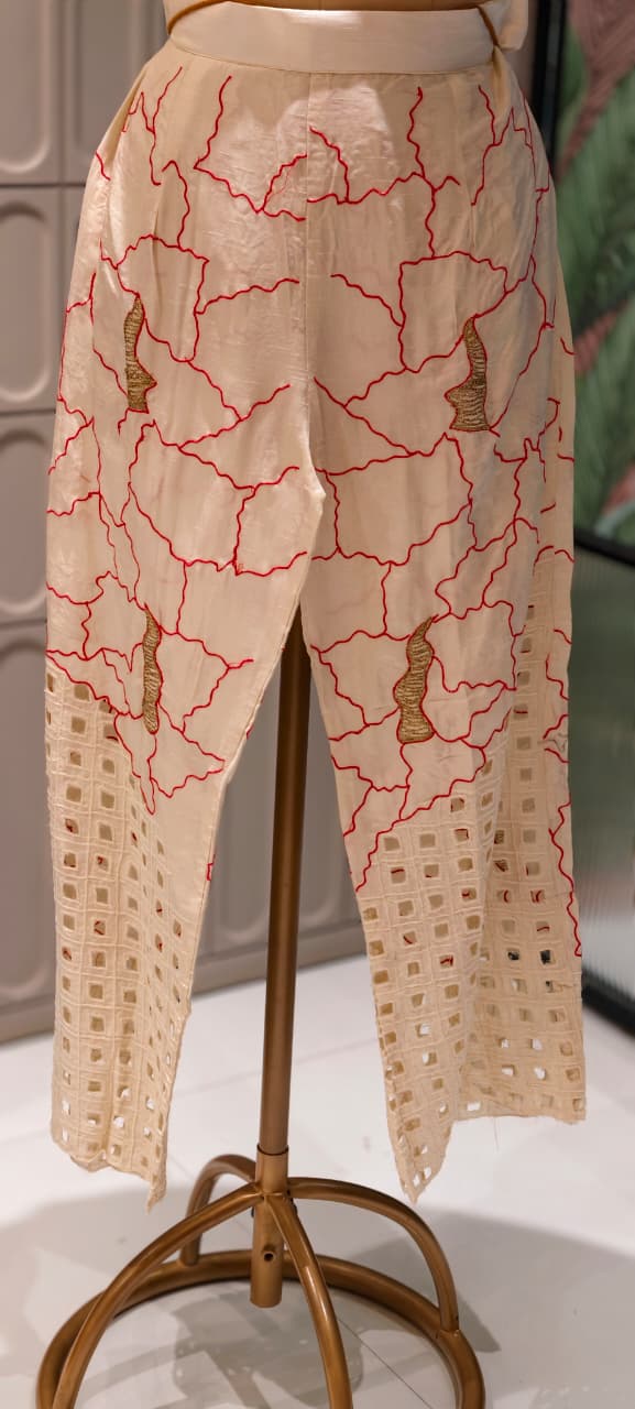 Contemporary Abstract Embroidered with Geometric Cutwork Russian Silk Co-Ord Set- 15224