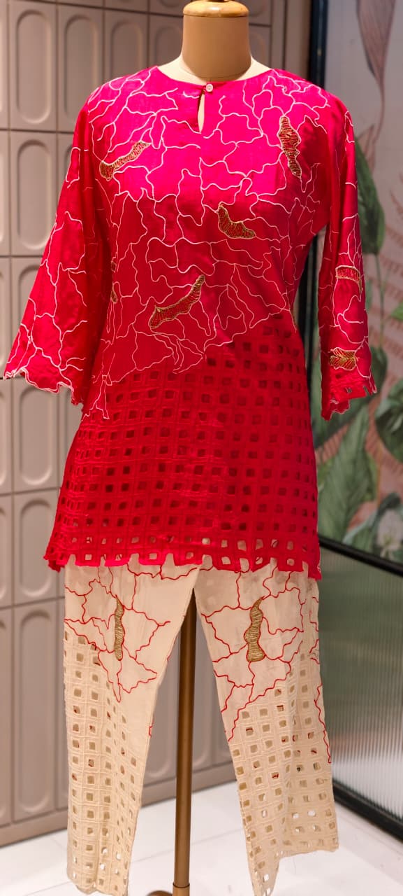 Contemporary Abstract Embroidered with Geometric Cutwork Russian Silk Co-Ord Set- 15224