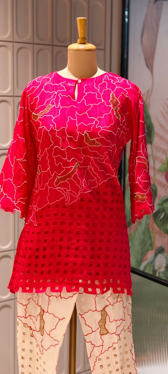 Contemporary Abstract Embroidered with Geometric Cutwork Russian Silk Co-Ord Set- 15224