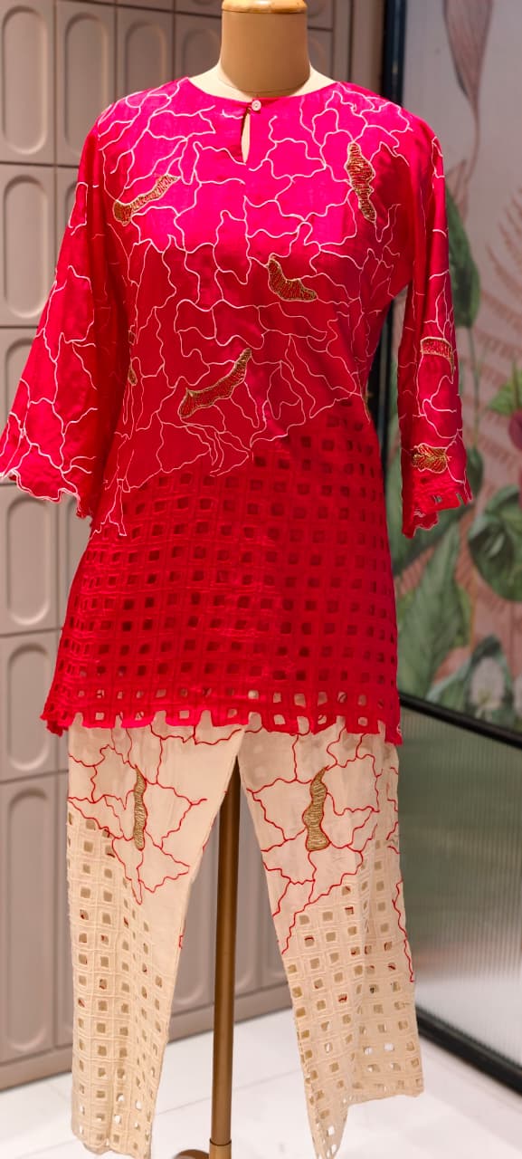 Contemporary Abstract Embroidered with Geometric Cutwork Russian Silk Co-Ord Set- 15224