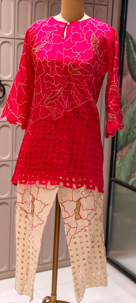 Contemporary Abstract Embroidered with Geometric Cutwork Russian Silk Co-Ord Set- 15224
