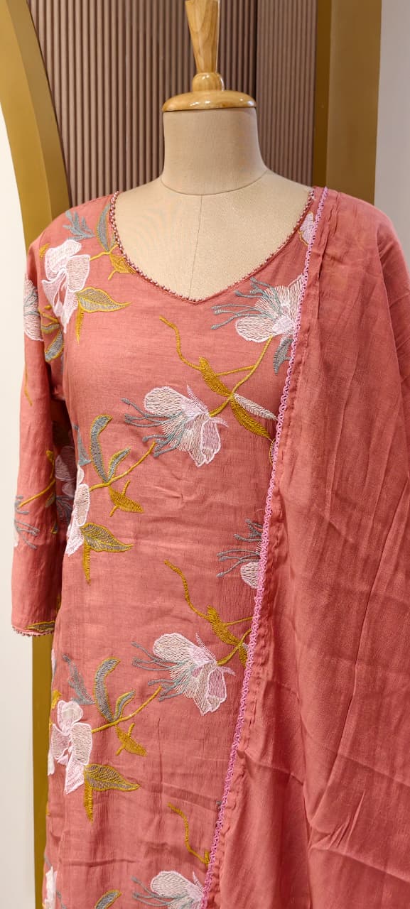 Elegant Applique Look Floral Embroidered 3-Piece Crush Surat Mul-Chanderi Full Suit Set With Dupatta- 15431