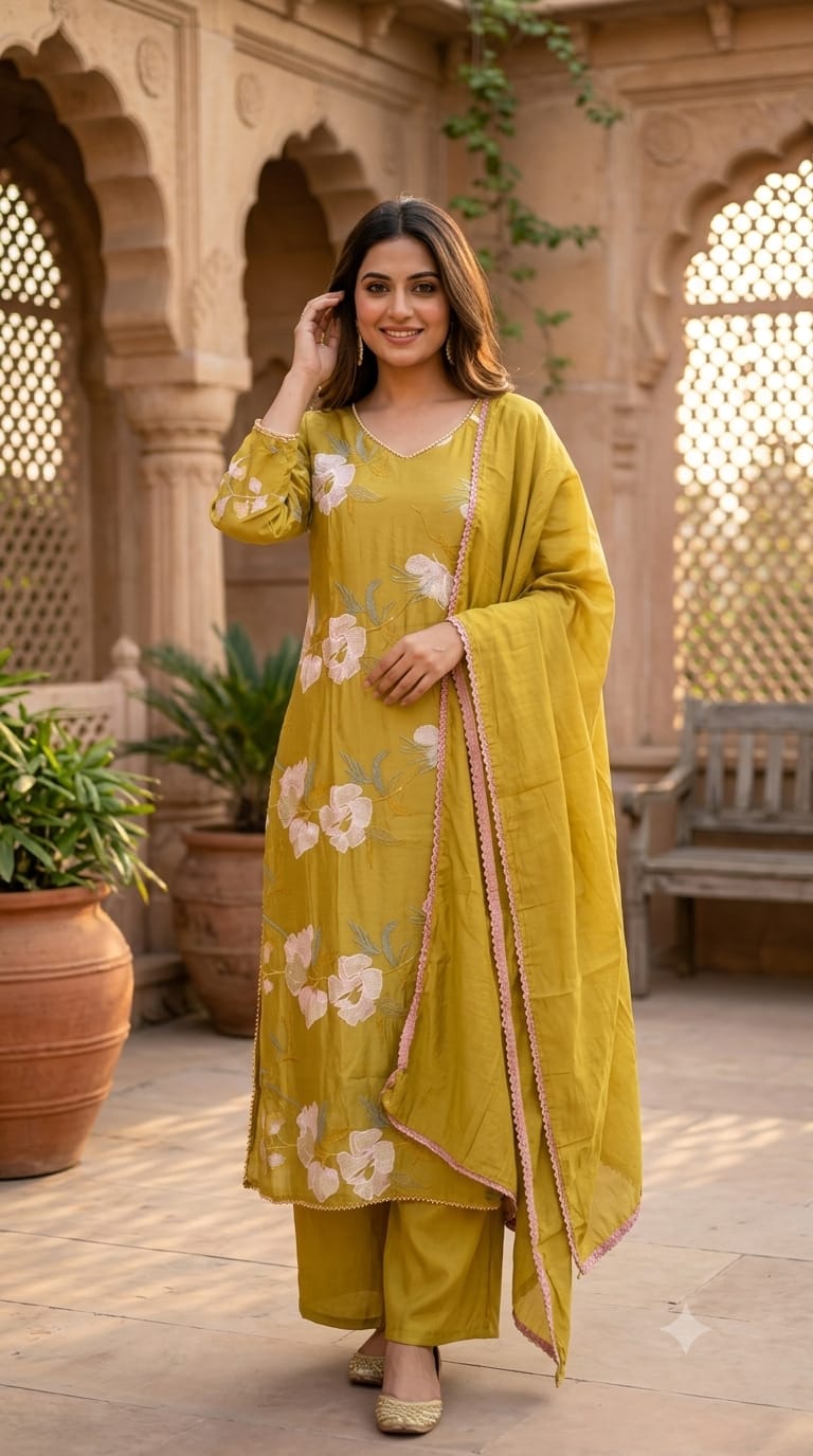 Elegant Applique Look Floral Embroidered 3-Piece Crush Surat Mul-Chanderi Full Suit Set With Dupatta- 15431