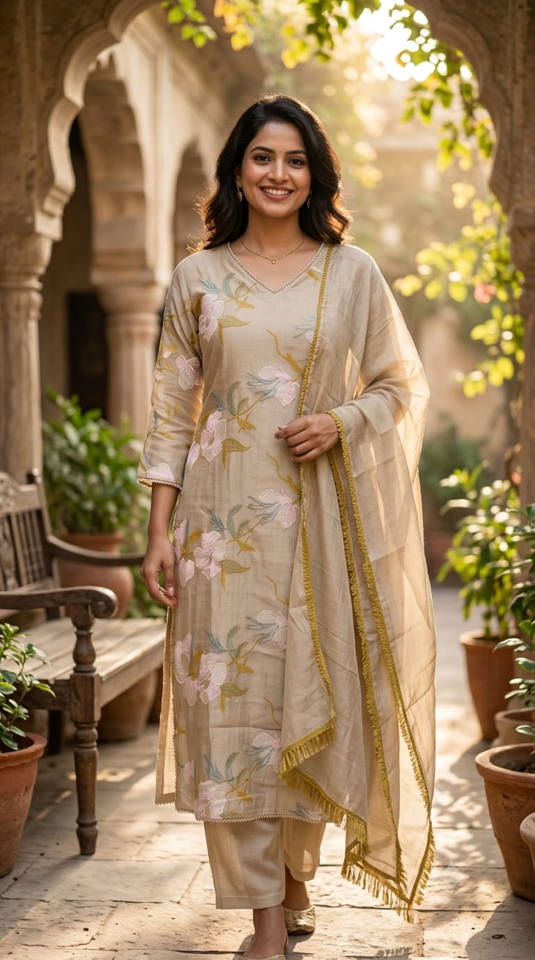 Elegant Applique Look Floral Embroidered 3-Piece Crush Surat Mul-Chanderi Full Suit Set With Dupatta- 15431