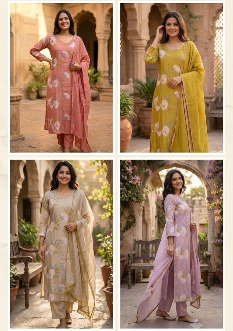 Elegant Applique Look Floral Embroidered 3-Piece Crush Surat Mul-Chanderi Full Suit Set With Dupatta- 15431