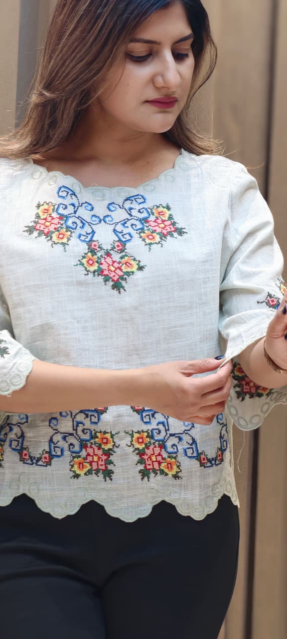 Abstract Floral Prints Cutwork Comfy Imported Casual Top- 15145