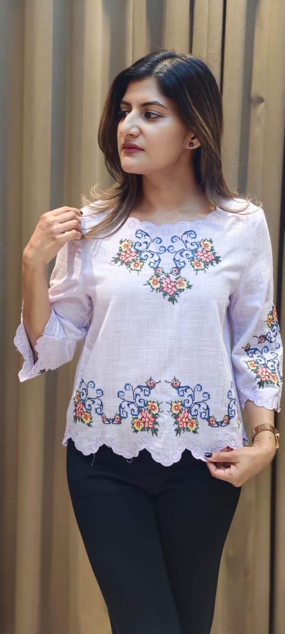 Abstract Floral Prints Cutwork Comfy Imported Casual Top- 15145