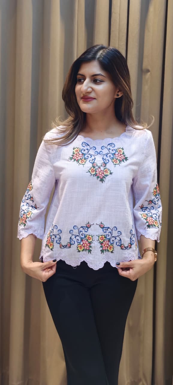Abstract Floral Prints Cutwork Comfy Imported Casual Top- 15145