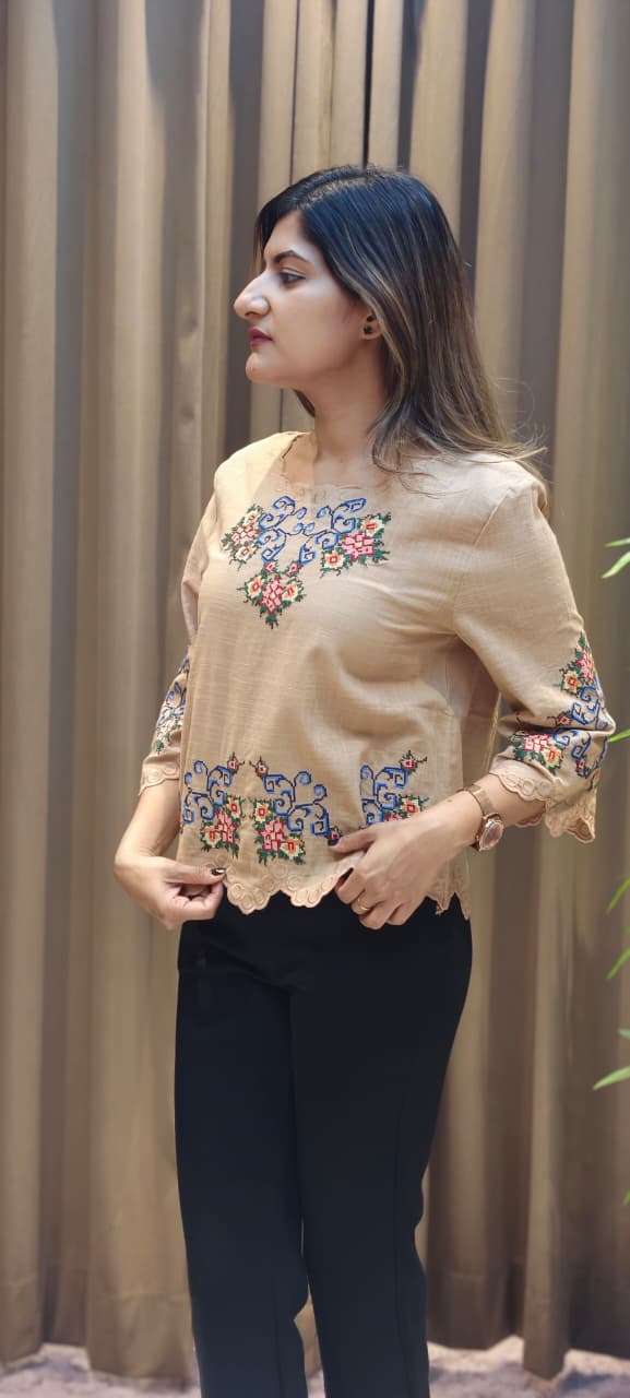 Abstract Floral Prints Cutwork Comfy Imported Casual Top- 15145