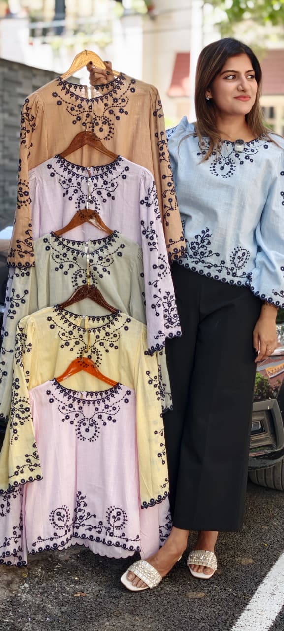 Tiny Bud Embroidery Chinese Style Casual Western Top- 15145