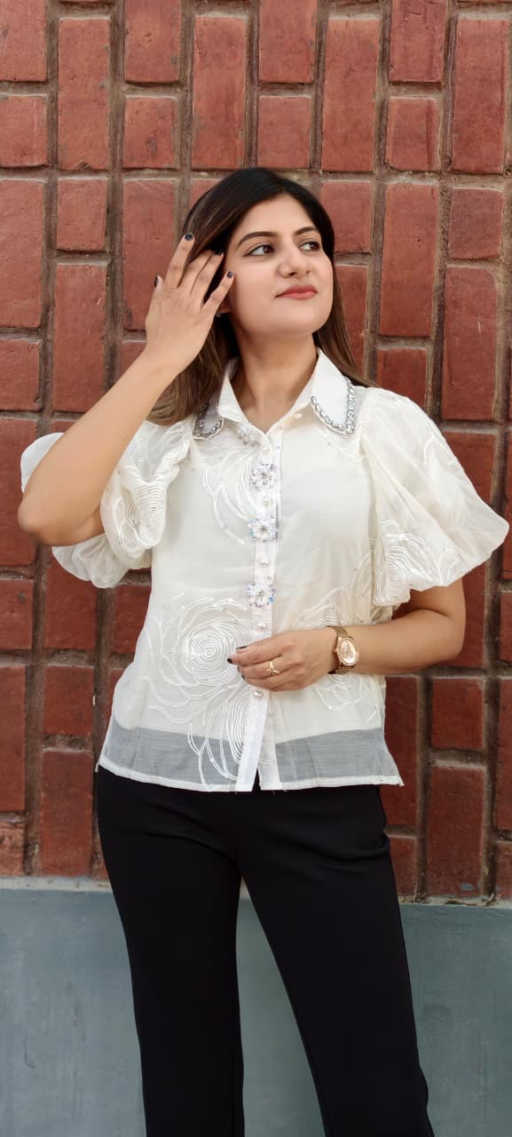Syroski Stone Floral Popped Sequin Detailing Puffy Western Top- 15061