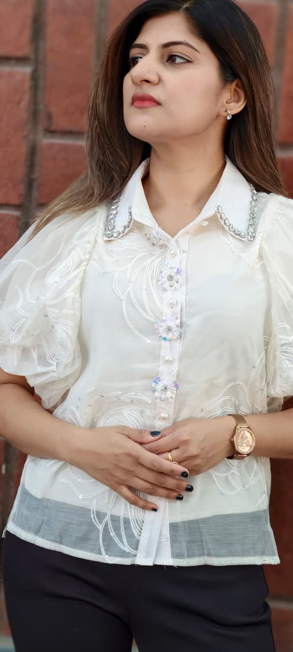 Syroski Stone Floral Popped Sequin Detailing Puffy Western Top- 15061