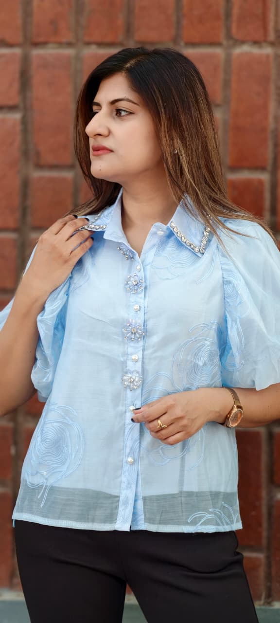 Syroski Stone Floral Popped Sequin Detailing Puffy Western Top- 15061