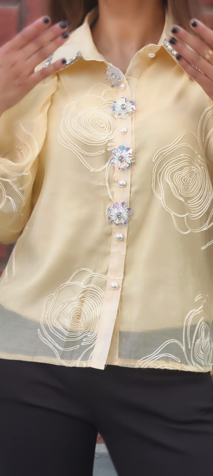 Syroski Stone Floral Popped Sequin Detailing Puffy Western Top- 15061