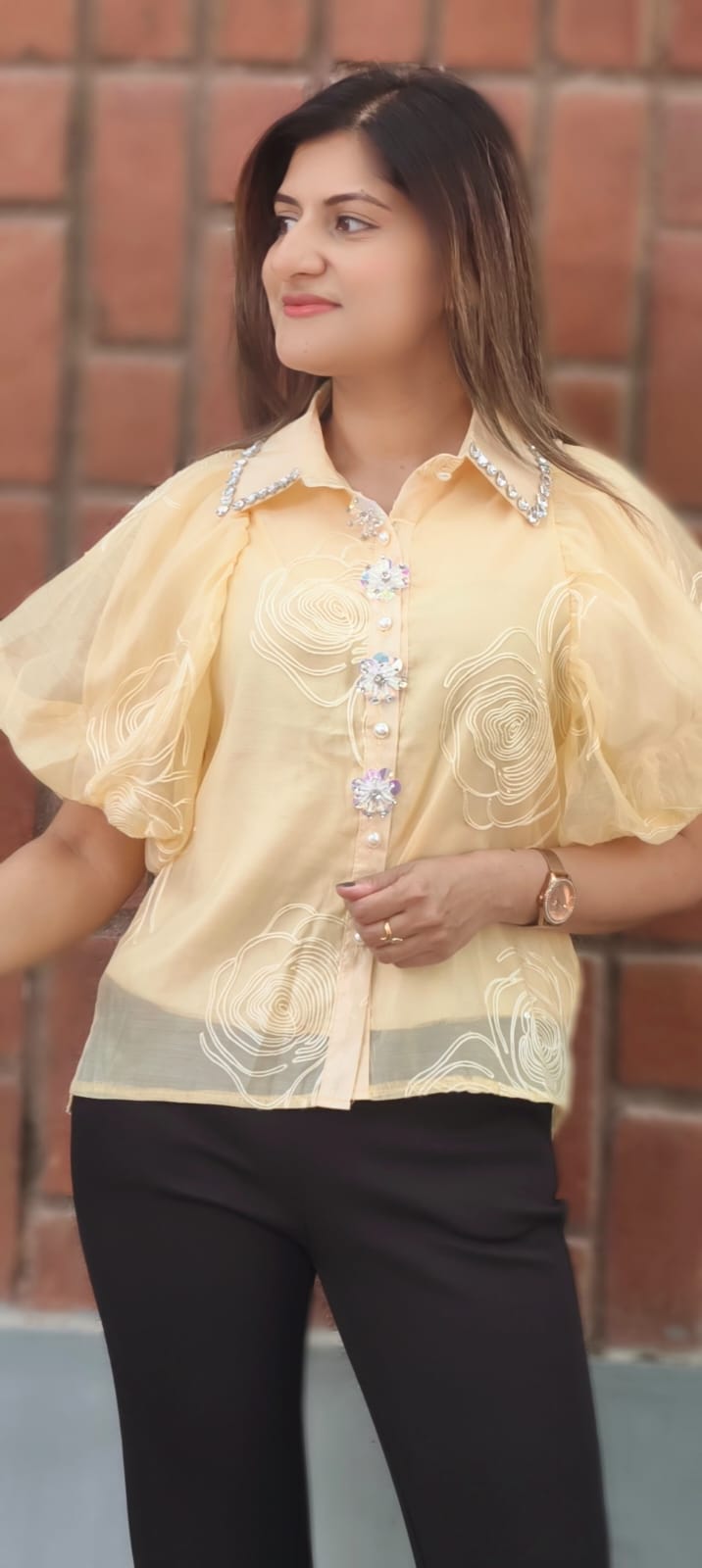 Syroski Stone Floral Popped Sequin Detailing Puffy Western Top- 15061