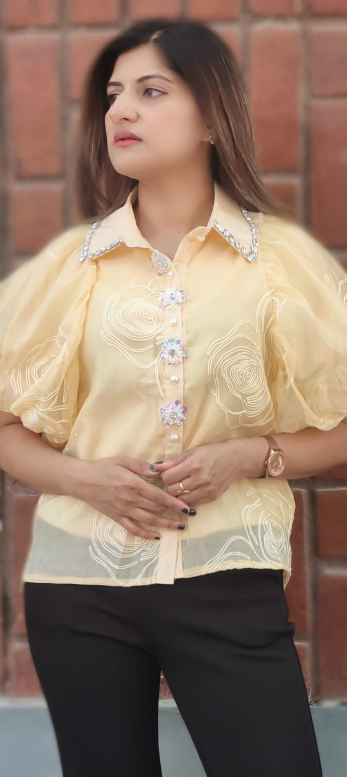 Syroski Stone Floral Popped Sequin Detailing Puffy Western Top- 15061
