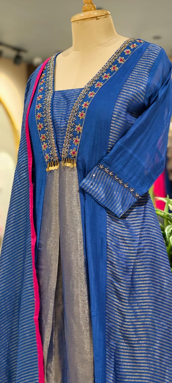 Grand Nior Tassel Accent Golden Stripes Tissue A-Line Full Suit Set With Dupatta- 15325
