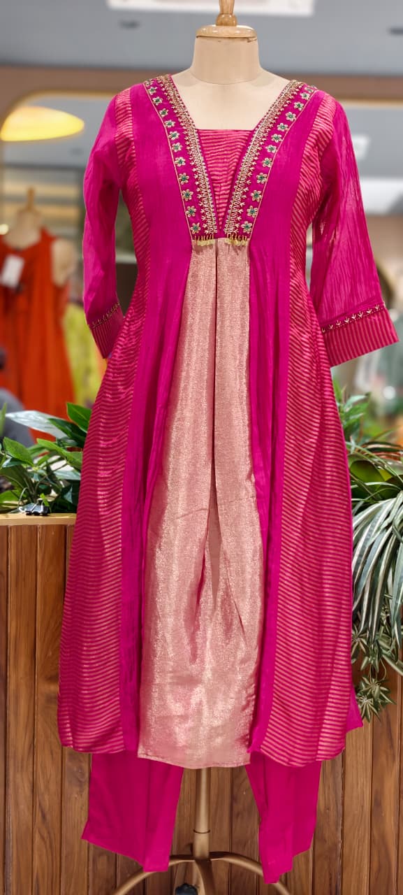 Grand Nior Tassel Accent Golden Stripes Tissue A-Line Full Suit Set With Dupatta- 15325
