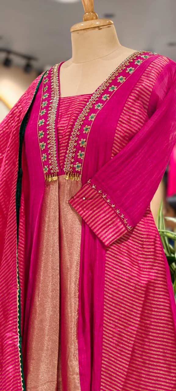 Grand Nior Tassel Accent Golden Stripes Tissue A-Line Full Suit Set With Dupatta- 15325