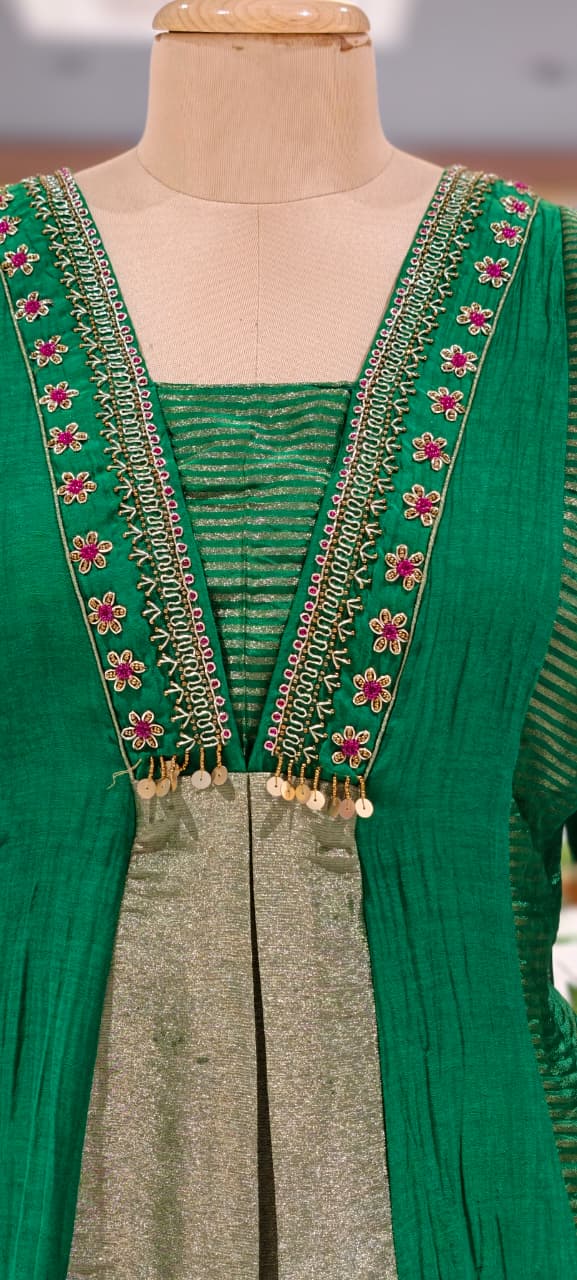 Grand Nior Tassel Accent Golden Stripes Tissue A-Line Full Suit Set With Dupatta- 15325