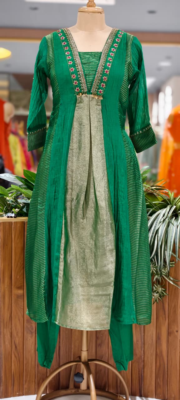 Grand Nior Tassel Accent Golden Stripes Tissue A-Line Full Suit Set With Dupatta- 15325