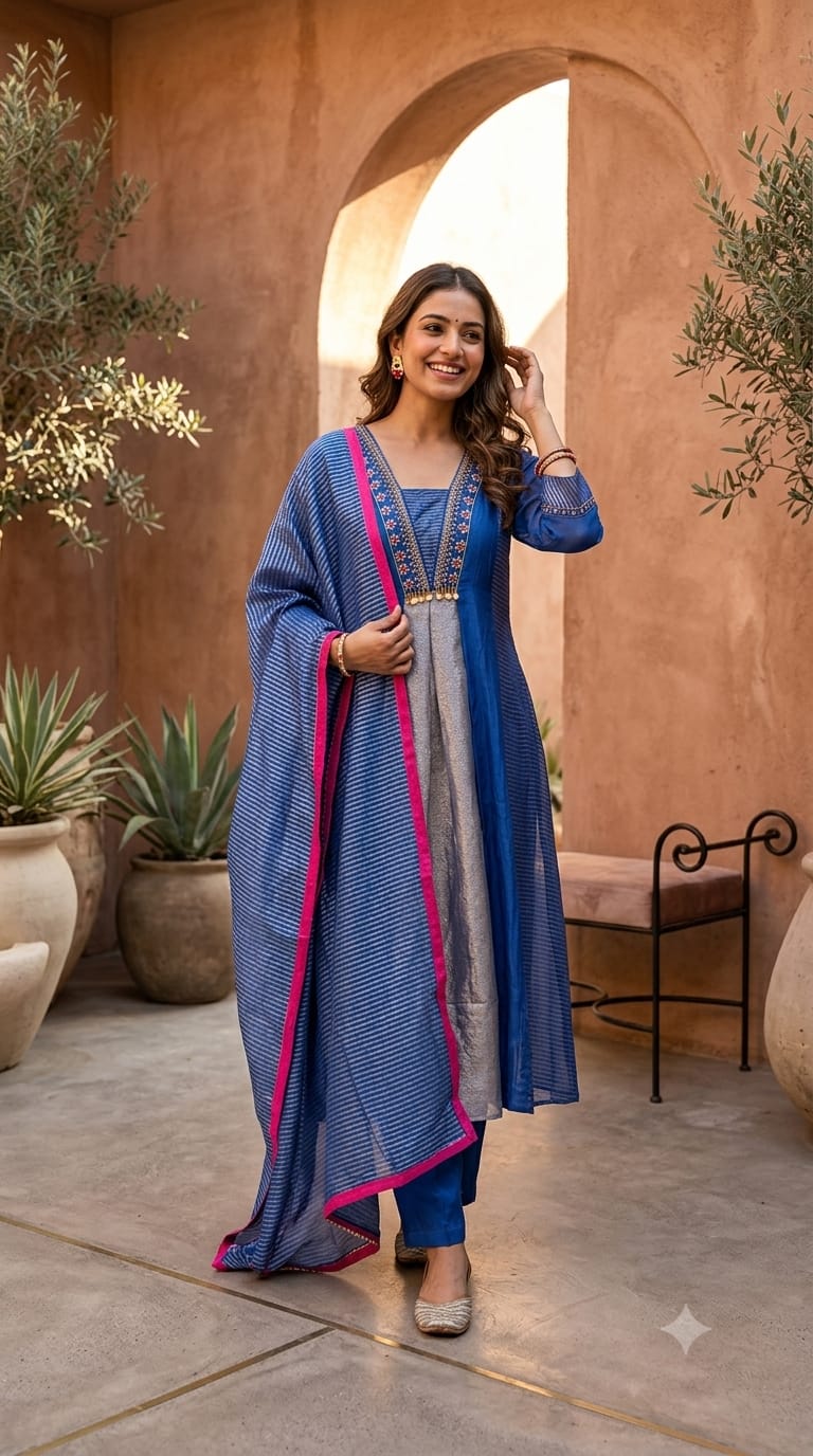 Grand Nior Tassel Accent Golden Stripes Tissue A-Line Full Suit Set With Dupatta- 15325
