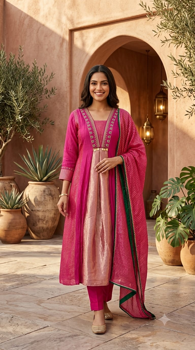 Grand Nior Tassel Accent Golden Stripes Tissue A-Line Full Suit Set With Dupatta- 15325