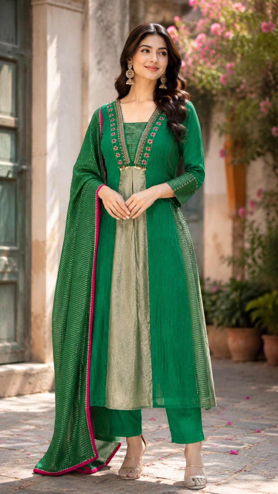 Grand Nior Tassel Accent Golden Stripes Tissue A-Line Full Suit Set With Dupatta- 15325