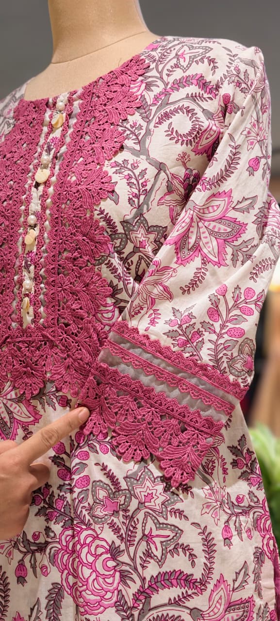 Crosia Lace Detailing Floral Printed Cotton Full Suit Set With Dupatta- 15406