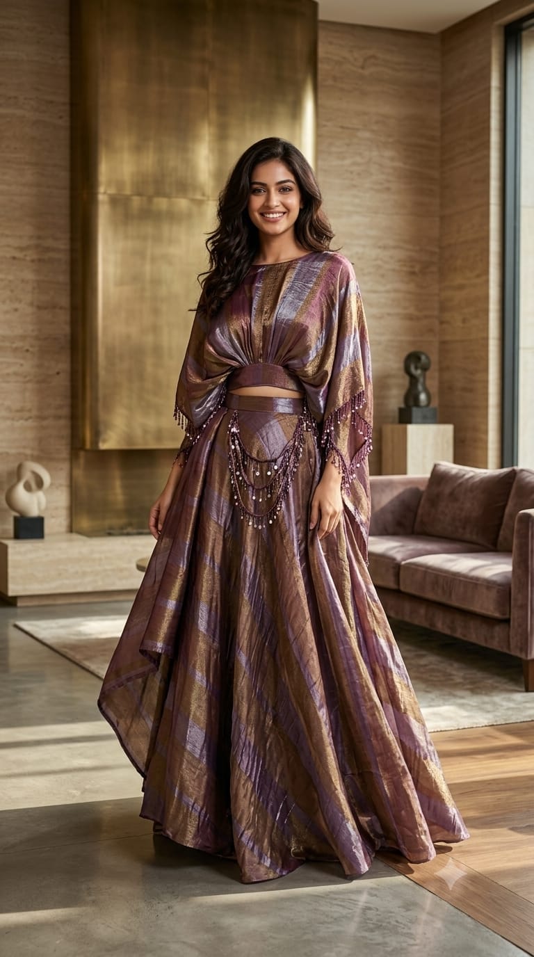 Metallic Striped Kaftan Look Tissue Crop Top & Maxi Skirt Set with Embellished Tassel Detailing- 15097