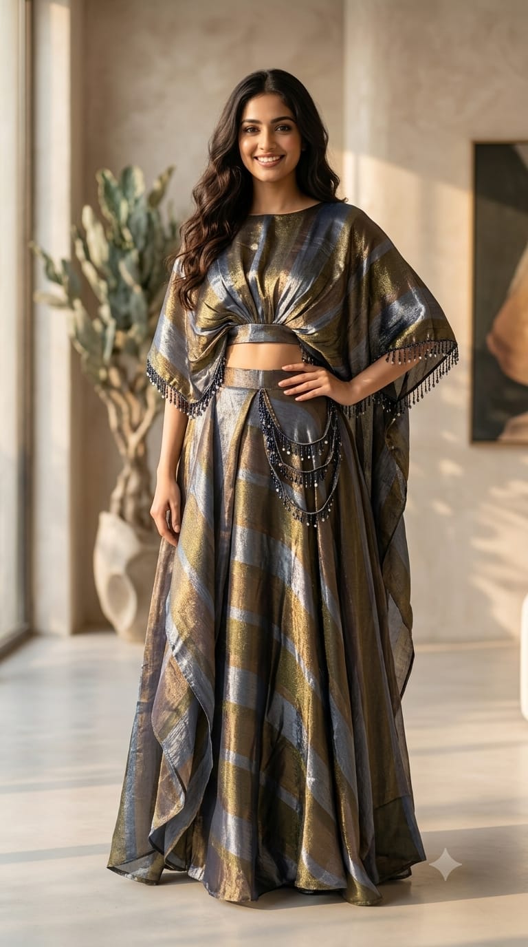 Metallic Striped Kaftan Look Tissue Crop Top & Maxi Skirt Set with Embellished Tassel Detailing- 15097