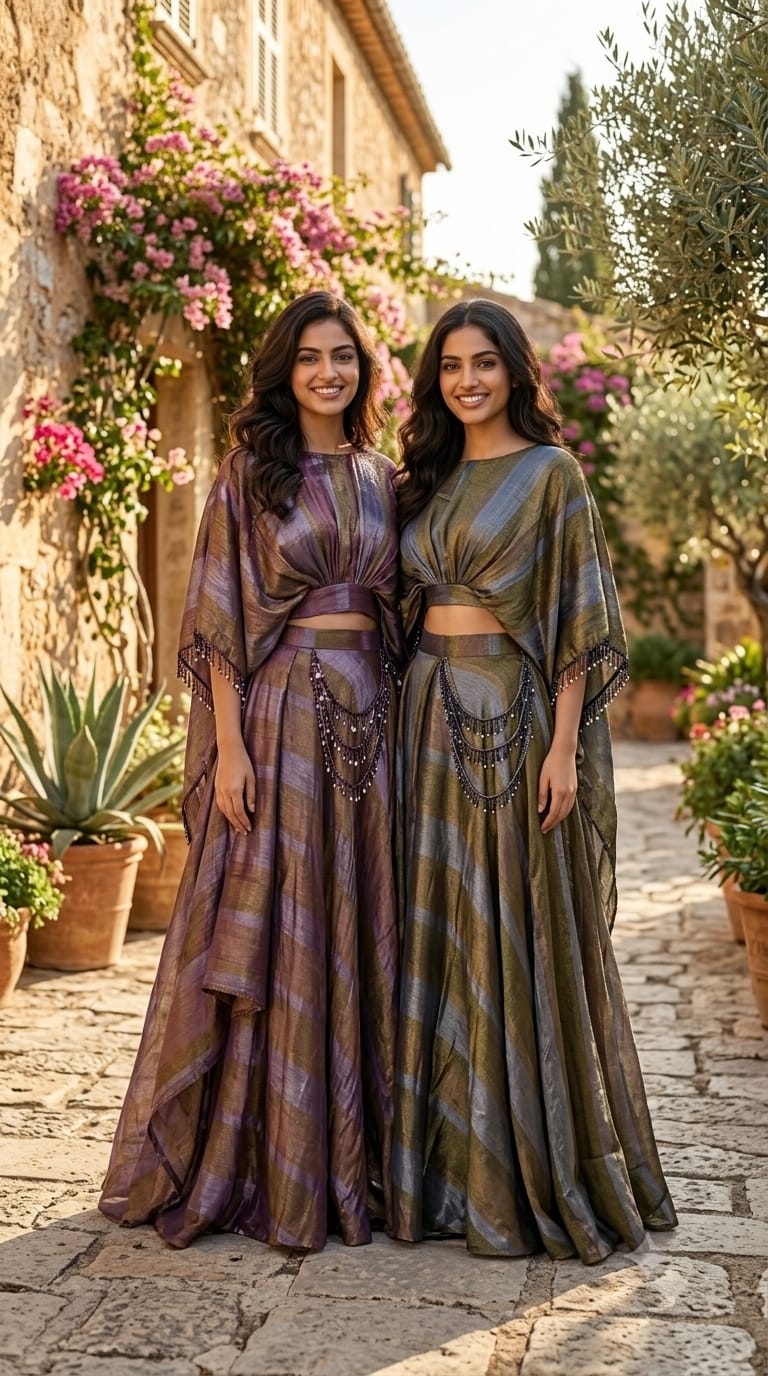 Metallic Striped Kaftan Look Tissue Crop Top & Maxi Skirt Set with Embellished Tassel Detailing- 15097