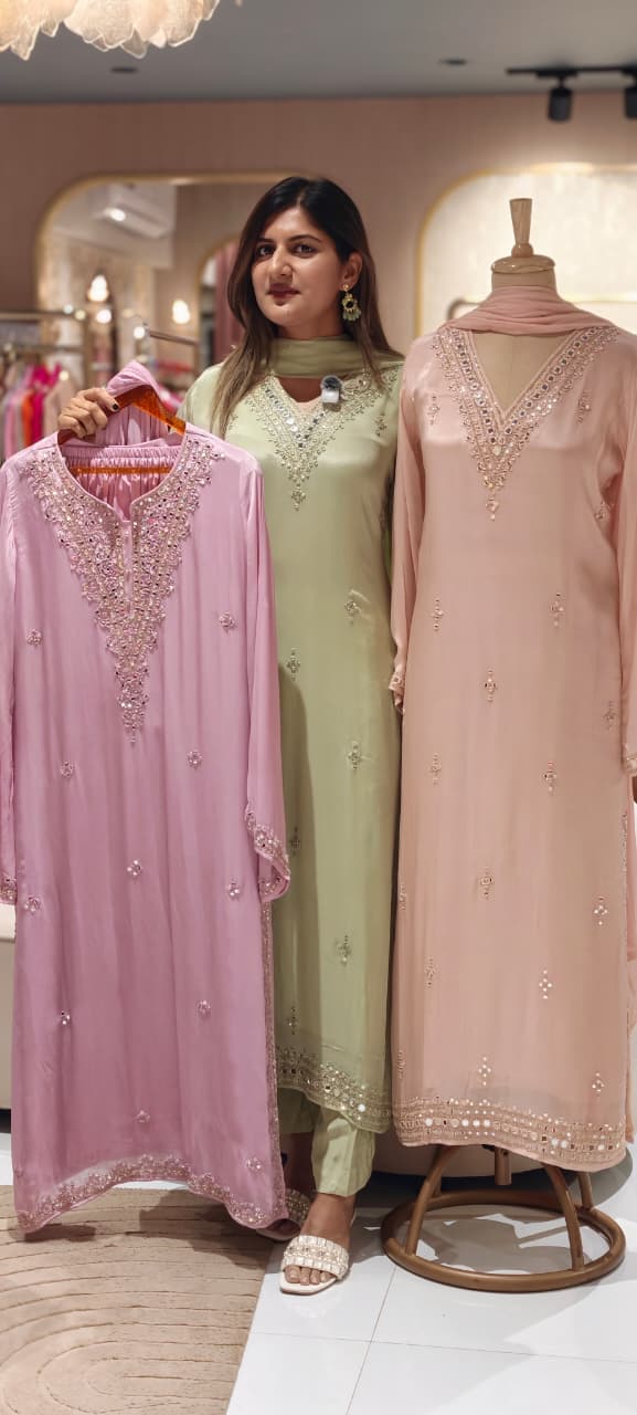 Premium Pastel V-Neck Pakistani Style Long Length Full Suit Set with Intricate Mirror Work- 15348,, 15342