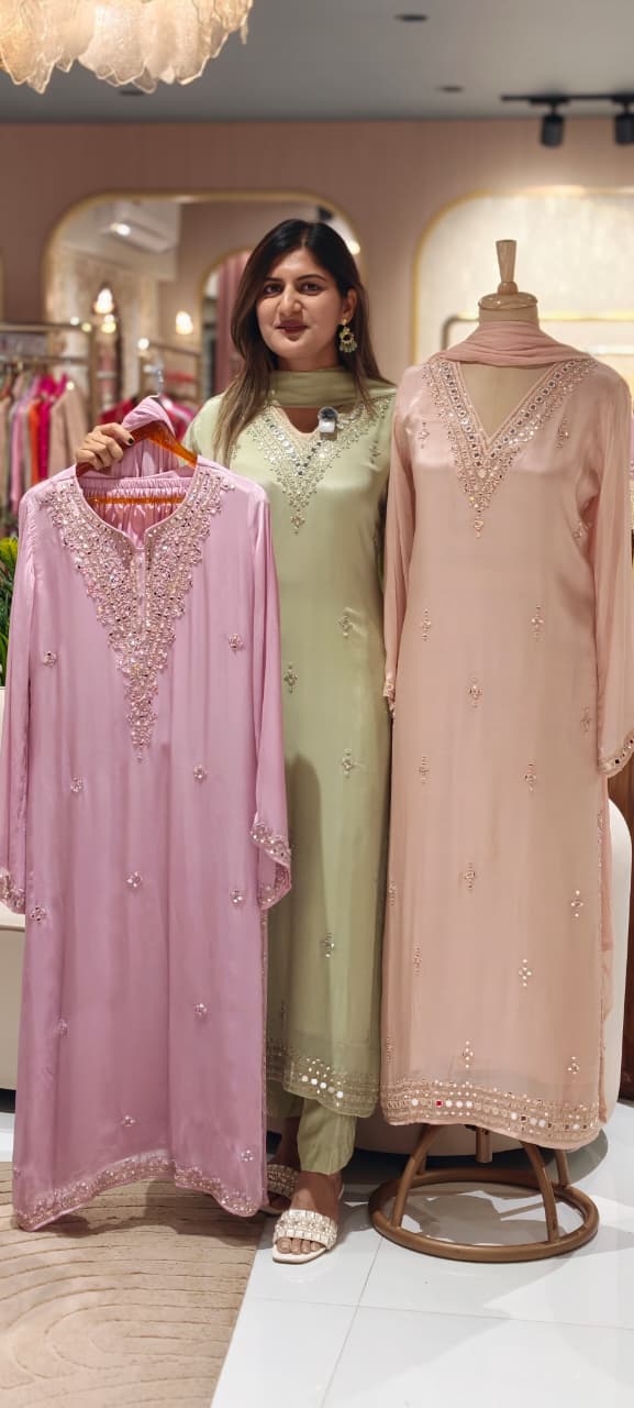 Premium Pastel V-Neck Pakistani Style Long Length Full Suit Set with Intricate Mirror Work- 15348,, 15342
