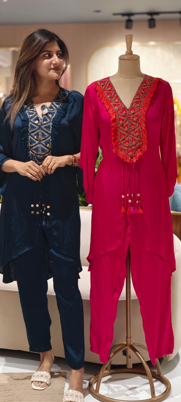 Boho Chic Tassel Accent Pure Crepe High & Low Co-Ord Set- 15015