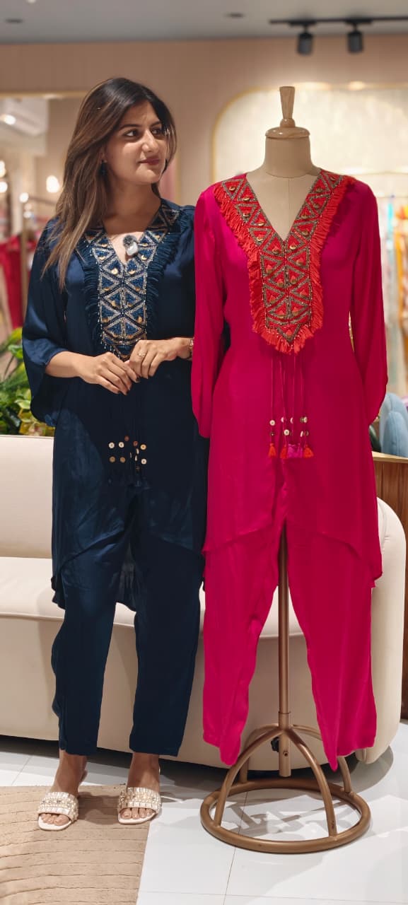 Boho Chic Tassel Accent Pure Crepe High & Low Co-Ord Set- 15015
