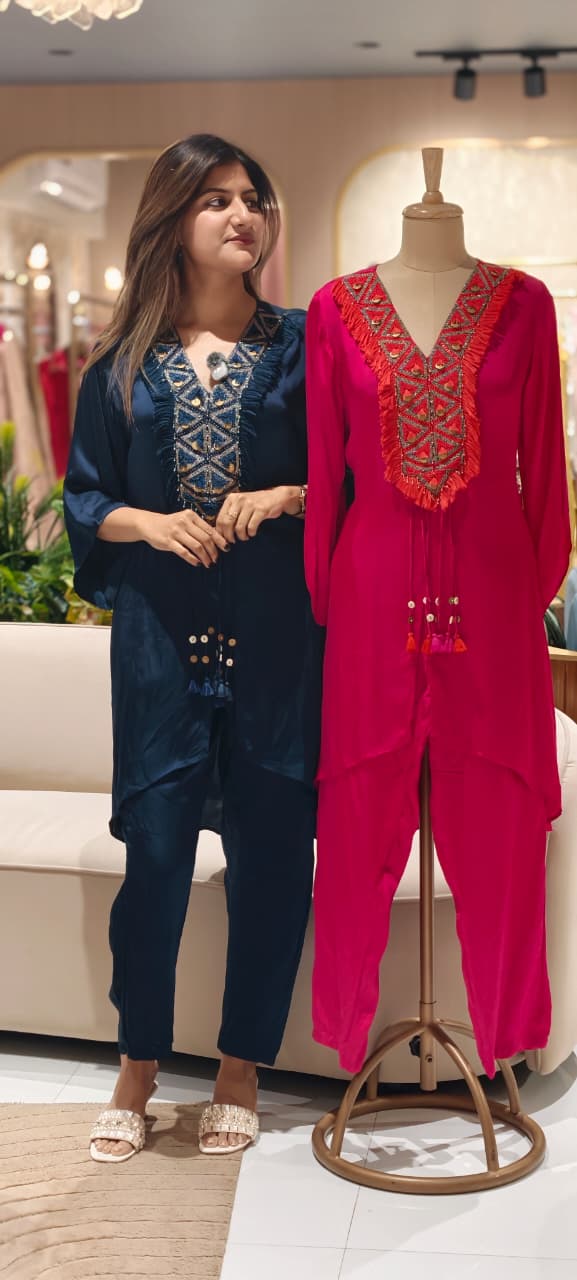 Boho Chic Tassel Accent Pure Crepe High & Low Co-Ord Set- 15015