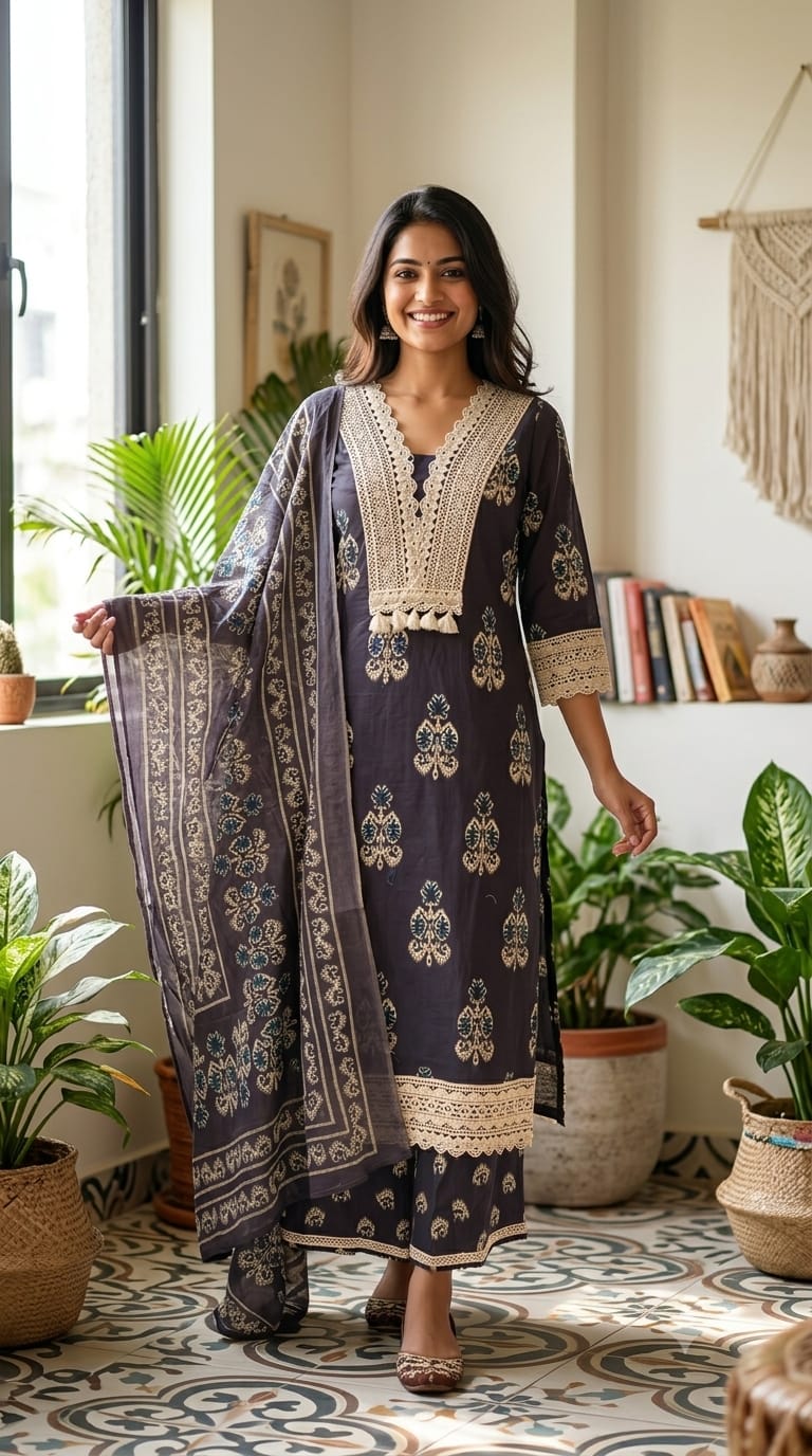 Boho Crosia Embroidered With Tassel Accent Cotton Full Suit Set With Dupatta- 15263