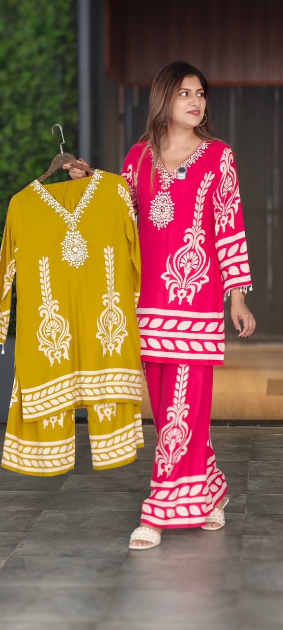 Chevron Printed Mirror Thread Embroidered Neckline Casual Wear Co-Ord Set- 15355