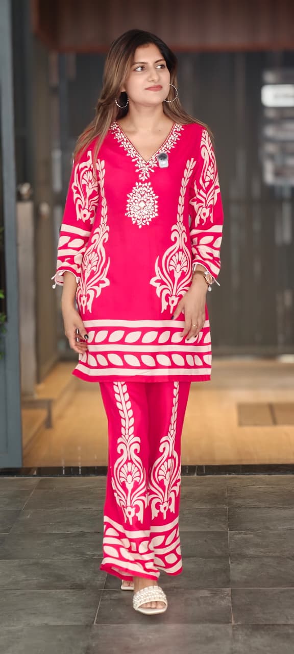 Chevron Printed Mirror Thread Embroidered Neckline Casual Wear Co-Ord Set- 15355