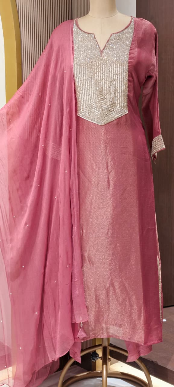 Kareena Kapoor Inspired Sequin Embellished Shiny Yoke Tissue A-Line Full Suit Set With Dupatta- 15346
