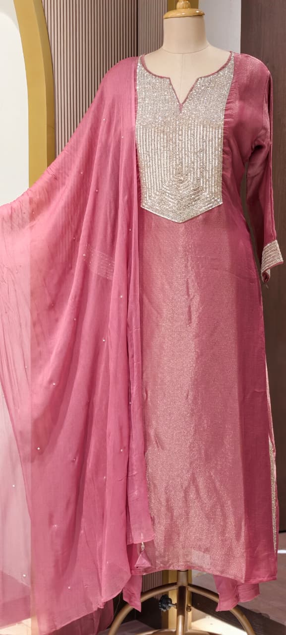 Kareena Kapoor Inspired Sequin Embellished Shiny Yoke Tissue A-Line Full Suit Set With Dupatta- 15346