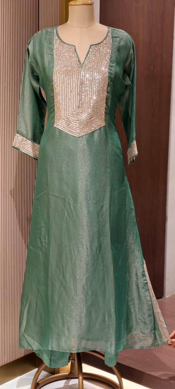 Kareena Kapoor Inspired Sequin Embellished Shiny Yoke Tissue A-Line Full Suit Set With Dupatta- 15346