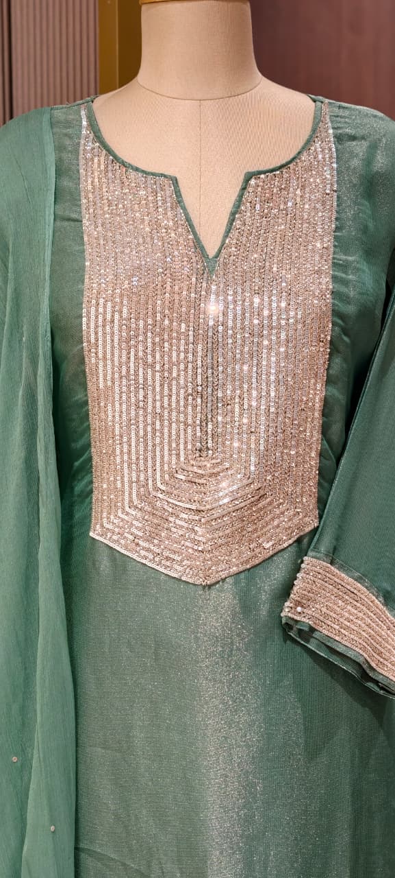 Kareena Kapoor Inspired Sequin Embellished Shiny Yoke Tissue A-Line Full Suit Set With Dupatta- 15346
