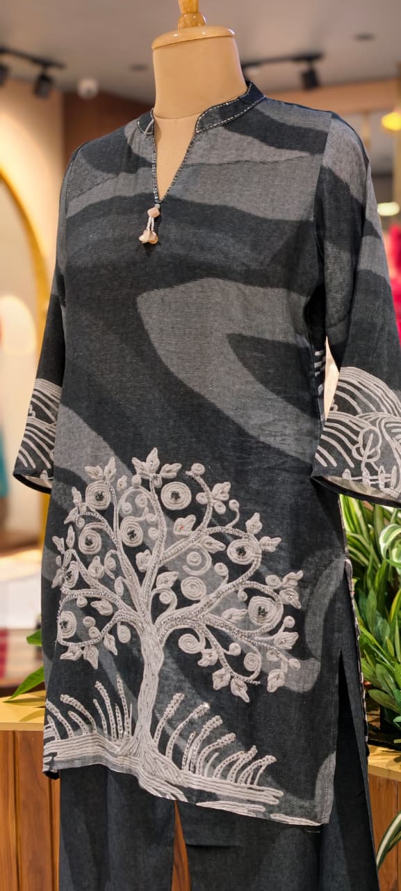 Humming Tree Embroidered Mossaic Print Linen Cotton Co-Ord Set- 15341
