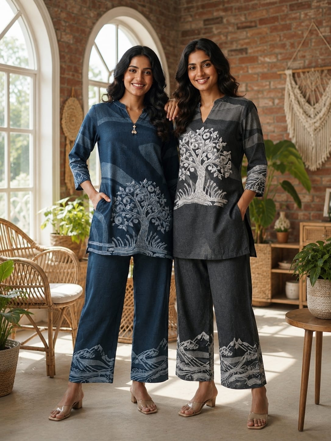 Humming Tree Embroidered Mossaic Print Linen Cotton Co-Ord Set- 15341
