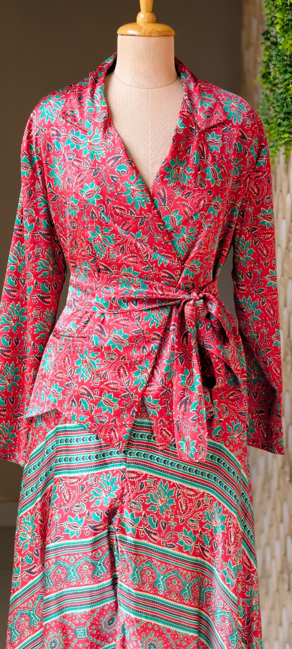 Tiny Floral Block Prints Kimono Style Shiny Modal Satin Indo Wear Top With Flared Bottom- 14947
