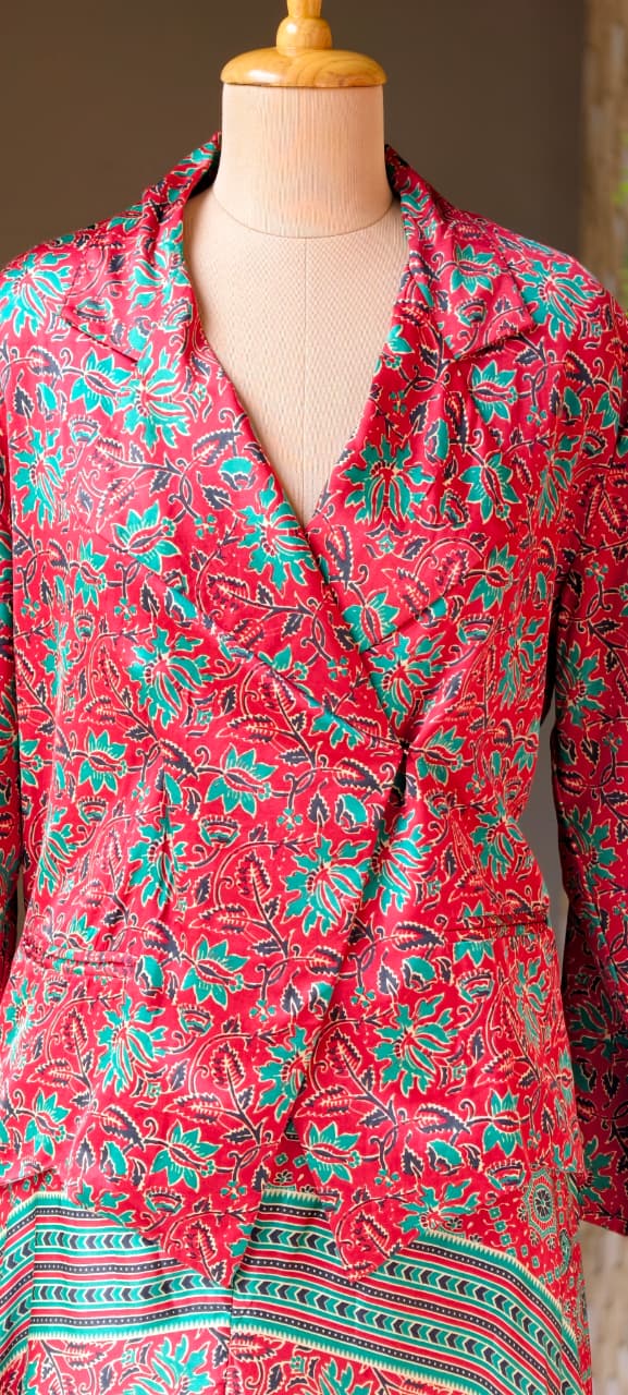 Tiny Floral Block Prints Kimono Style Shiny Modal Satin Indo Wear Top With Flared Bottom- 14947