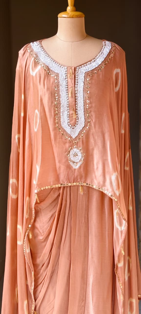 Shibori Print Embellished Kaftan Style Cape Top and Draped Dhoti Skirt Fusion Modal Satin Indo Wear- 15014