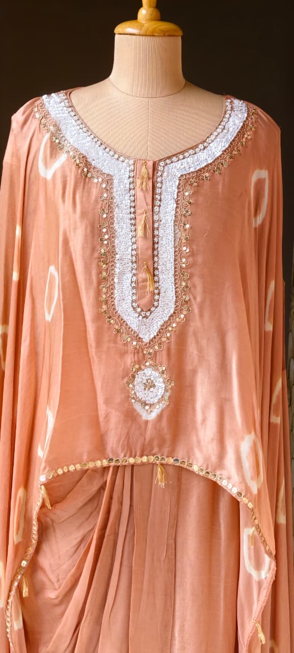 Shibori Print Embellished Kaftan Style Cape Top and Draped Dhoti Skirt Fusion Modal Satin Indo Wear- 15014